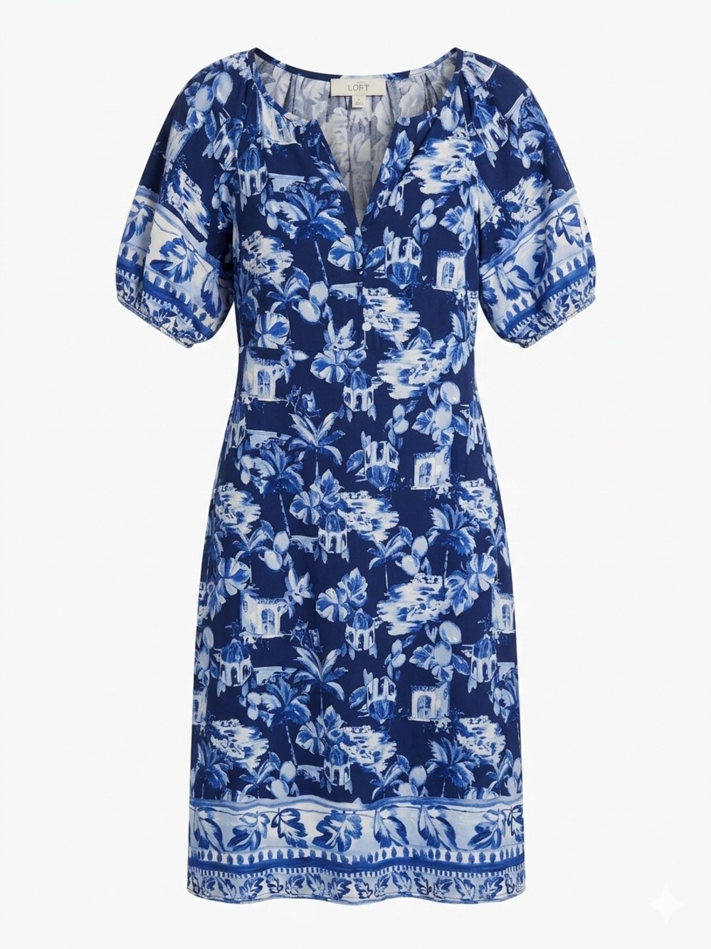 LOFT Blue White Coastal Floral Shift Midi Dress Button Front V-Neck Puff XXSP